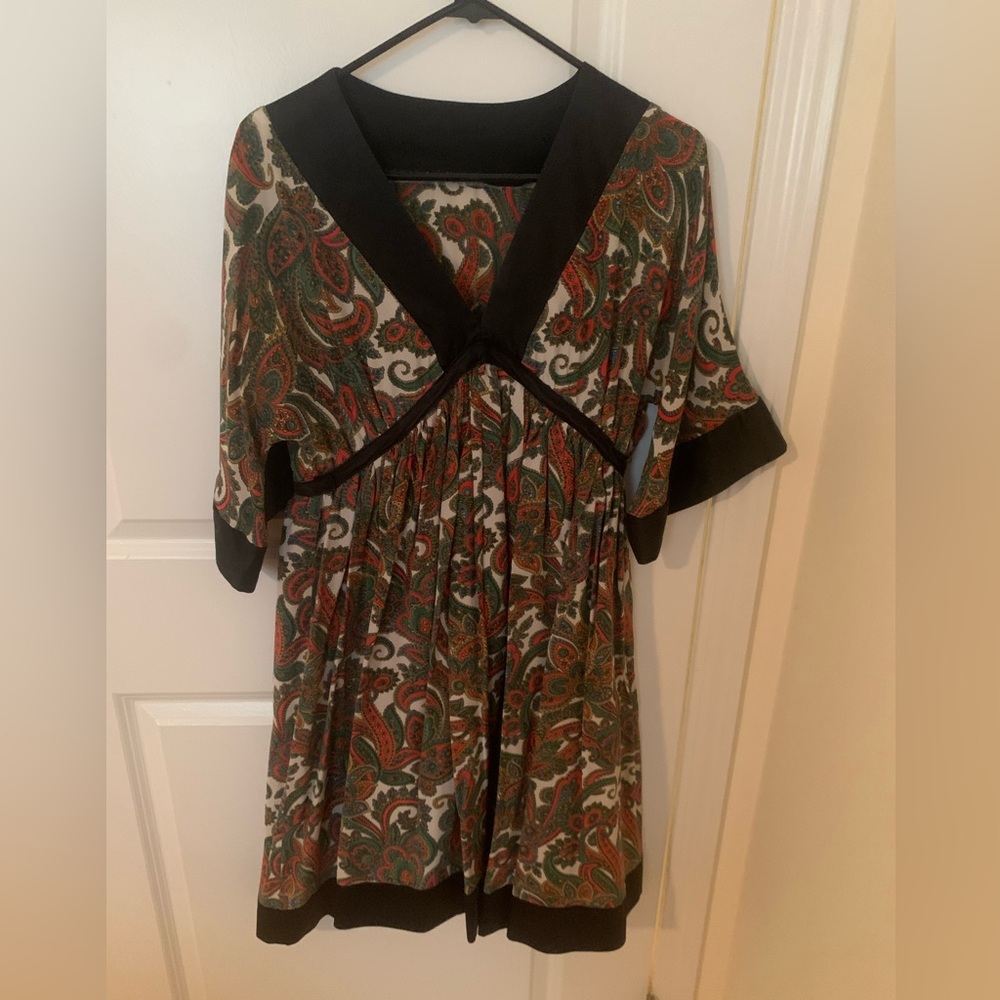 Paisley Print silk dress with Black Trim